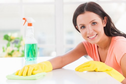 Professional domestic cleaner working in a Bow home kitchen