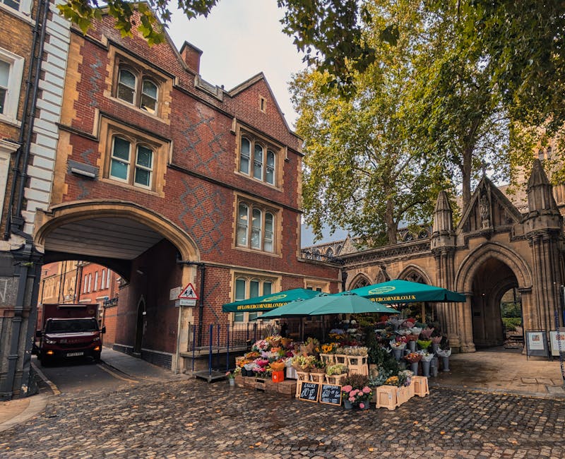 Exterior scene of Roman Road Market adjacent to a historic red brick building with arched passageways. The market stall features a large green umbrella branded with 'theflowerkronelondon.co.uk', sheltering an assortment of colorful flowers and plants in wooden crates and baskets. The cobblestone street in the foreground appears clean and well-maintained, with soft natural lighting suggesting late afternoon. Tall trees with green foliage shade the area, and nearby gothic-style architectural details are visible on the stone church or building structure behind the stall. This image reflects a lively yet tidy market environment, emphasizing the importance of surface and area cleaning for a pleasant shopping experience, as highlighted in the Roman Road Market flat cleaning guide for Bow homes, BOW, available at bowcleaners.org.uk.